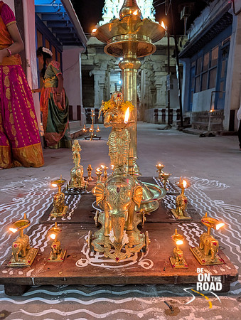 Traditional scenes on Karthigai Deepam festival evening in front of Adi Varaha Perumal Temple, Kallidaikurichi