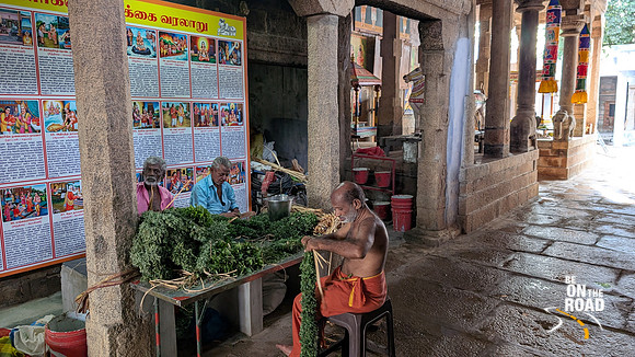 Garland work in progress during Thiruvathirai festival at Chepparai Natarajar Temple