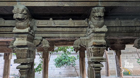 Stunning yali sculptures holding the weight of the structure in front of the Ambal Sannadhi at Ammainthar Temple, Cheranmahadevi