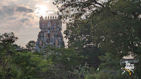 The gopuram of Cheranmahadevi Ammainathar Temple against the setting sun