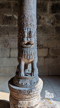 Gorgeous Yali pillar at the entrance of the Bhaktavatsala Perumal Temple, Cheranmahadevi