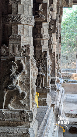 A line of ornately sculpted pillars at Bhaktavatsala Perumal temple, Cheranmahadevi