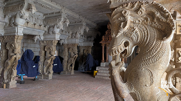 A closeup of a Yaali at Thirukkurungudi Perumal temple