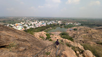 Beautiful view of the Kazhugamalai and the Vettuvan Koil temple pond from top of the hill