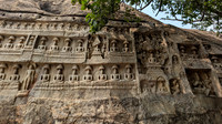 The gorgeous Jain sculptures and bas reliefs under a banyan tree at Vettuvan Koil, Kazhugumalai