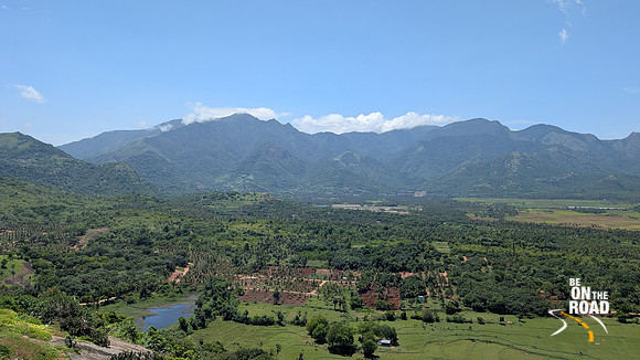 Coconut groves and the Western Ghats as seen from Thirumalai Murugan Temple, Panboli, Tamil Nadu