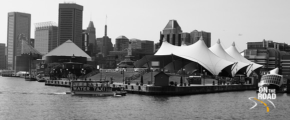 A Baltimore Inner Harbour view set in monochrome