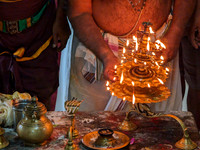 Getting the Maha Mangalarti ready on Thiruvatharai festival day at Chidambareswarar Temple, Kallidaikurichi