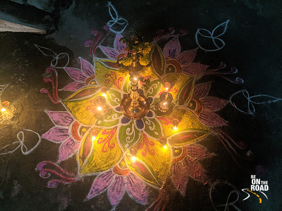Traditional lamps and rangoli on the night of Karthigai Deepam at Kallidaikurichi