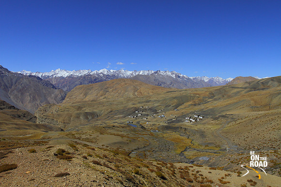 Bird's eye view of Langza village and the snow capped mountains