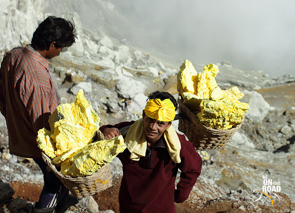 A Kawah Ijen Sulphur Miner with traditional headgear
