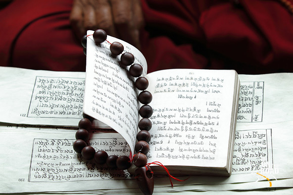 The Holy Buddhist scriptures in front of a monk at Shey Palace, Ladakh