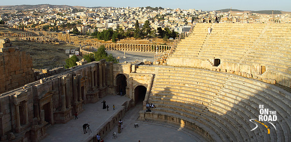 South Theatre, Oval Forum, Cardo Maximum, Jerash city and other ruins from the top of the amphitheatre