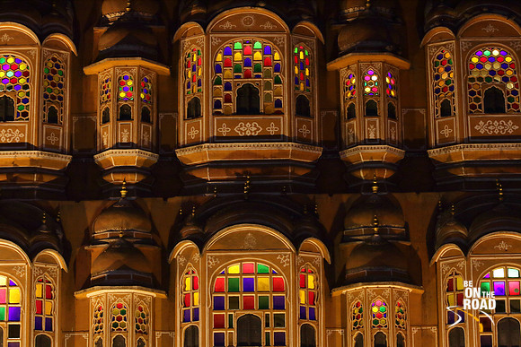 Colorful Mirror work on the rear walls of the Hawa Mahal, Jaipur, Rajasthan