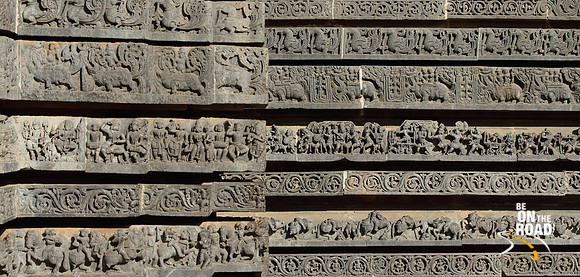 Detailed sculptured depicting stories from Hindu Mythology on the walls of the Hoysaleswara temple, Halebid