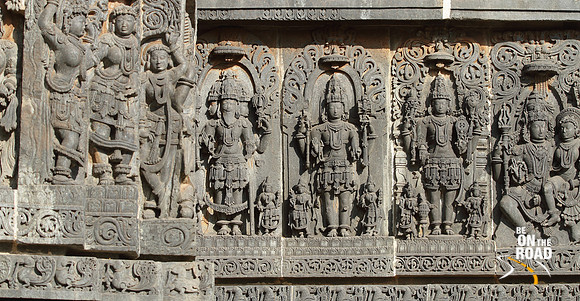 Brahma, Shiva, Vishnu and Shiva-Parvathi on the walls of Hoysaleswara temple, Halebid
