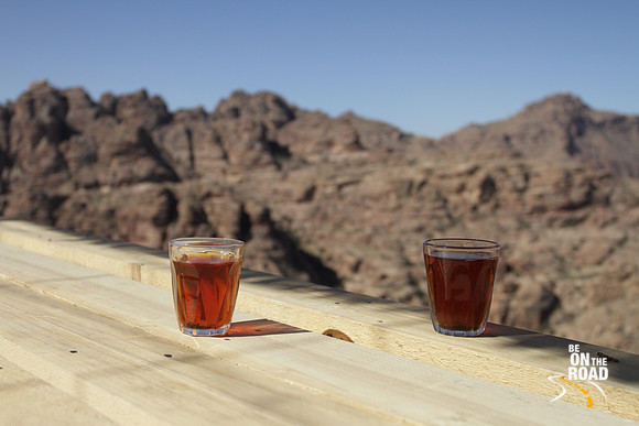 A cup of tea and soaking in the spectacular view of the Petra Archaeological park, Jordan