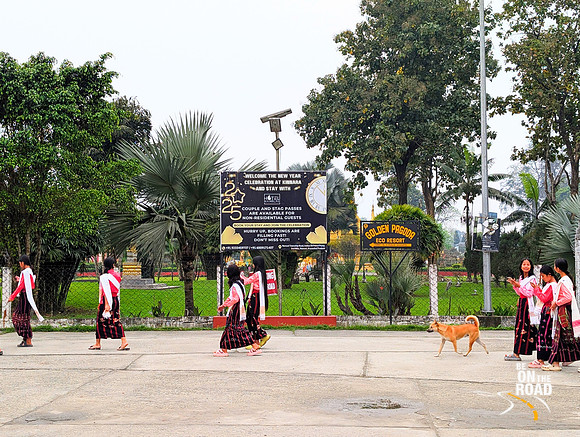 Local girls dressed in traditional attire at Golden Pagoda, Namsai, Arunachal Pradesh