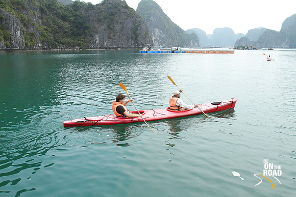 Kayaking in misty Halong Bay, Vietnam