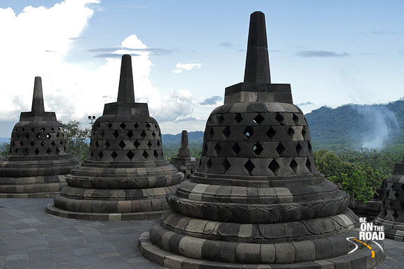 The many bell shaped stupas of Borobudur Temple, Java, Indonesia