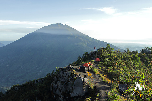 Campsite overlooking Mount Merbabu in Central Java, Indonesia