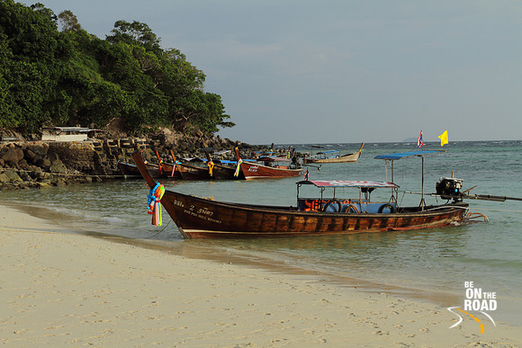 Boats moored at one end of Long Beach, Ko Phi Phi