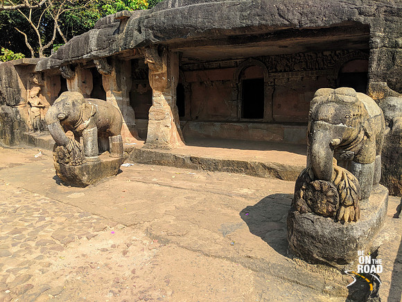 Elephant statues in front of a cave at Udayagiri, Odisha