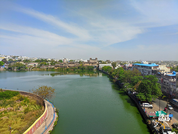 Lake surrounding Taj-ul-Masajid with the palace ruins in the background