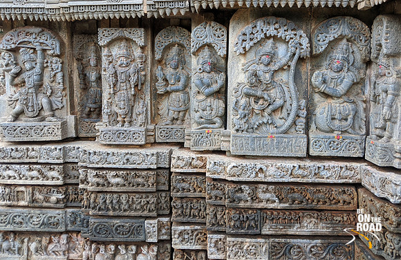 (L to R) - Arjuna shooting the matsya yantra with oil bowl below and Draupadi holding a garland to the left, Narasimha standing and Kalingamardana