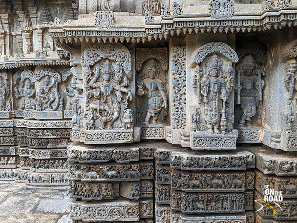 (L to R) - Kalingamardana with a nagini on each side, Lakshmi dancing with 8 hands, Purushottama - Lakshmi Narasimha Temple, Nuggehalli