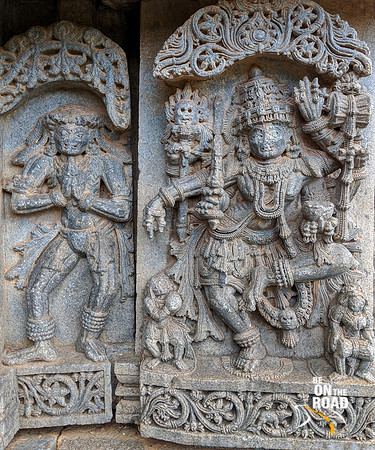 Durga dancing with a skeleton_a goblin standing to her left - Lakshmi Narasimha Temple, Nuggehalli