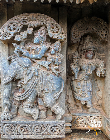 Indra and Sachi on the elephant in the Parijata battle - Lakshmi Narasimha Temple, Nuggehalli