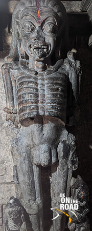 Scary looking nude Betalas stand guard in front of Kali shrine at Lakshmi Devi Temple, Doddagaddavalli