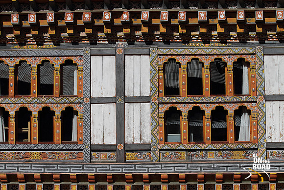 Colourful windows of Lamey Gompa, Bumthang, Bhutan